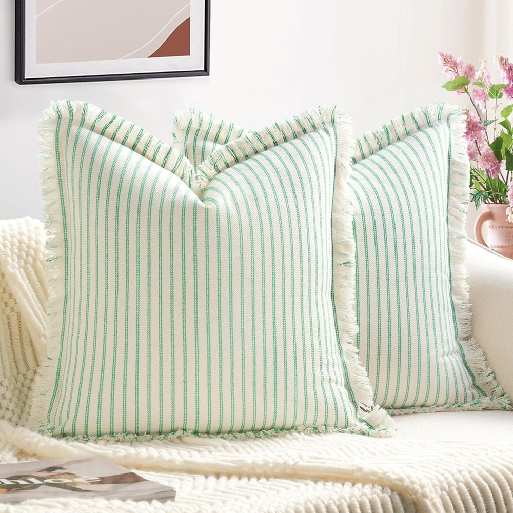 Throw Pillow Covers 22x22 Set of 2 Green Striped Covers with Fringe Chic Cotton